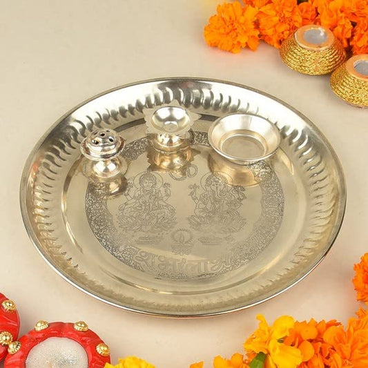 KRITI CREATIONS BEAUTIFUL STAINLESS STEEL 21 CM POOJA THALI SET - PUJA THALI FOR DIWALI, DHANTERAS, DURGA POOJA | PUJA THALI FOR GIFTING