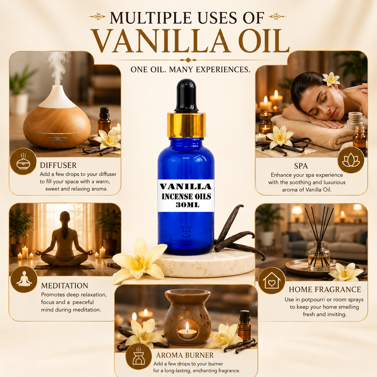 Kriti Creations Vanilla Bean Aroma Oil 30ML | Sweet Warm Fragrance for Home