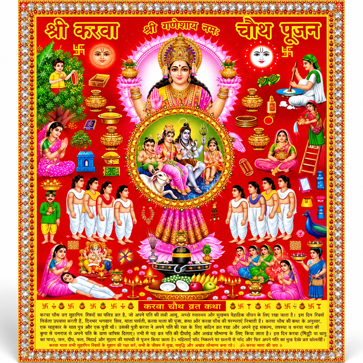 Kriti Creations Karwa Chauth Vrat Katha & Pujan Poster | Karwa Mata Puja Chitra | Hindu Religious Wall Poster for Home Temple