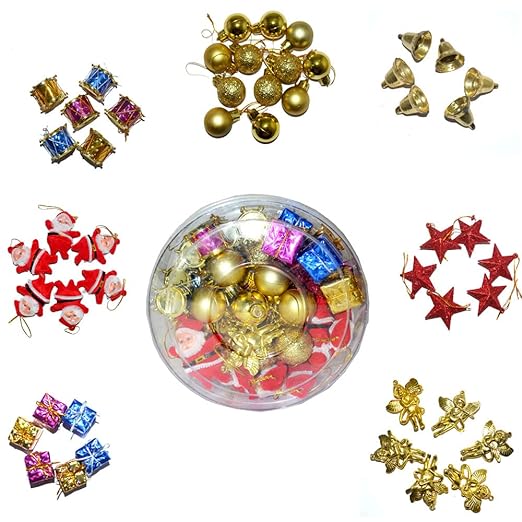 Kriti Creations Christmas Tree Decorations Ornaments |6 Drums|6 Bells|6 Balls|6 Santa|6 Parcel|6 Stars|6 Angel (42 pcs Oranaments)