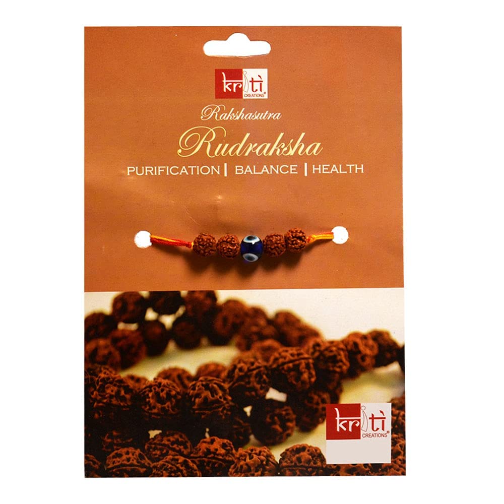 KRITI CREATIONS Rudraksha with evil eye Rakihi for Purification,Balance,Health (Free Two Rakhi Dhaga and One Roli Chawal)