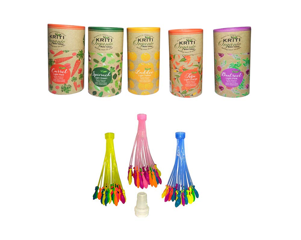 Kriti Combo Offer Organic Water Colour | Carrot | Tesu | Beetroot | Laddoo | Spinach (50gram) set of 5 with Holi Water Bunch Balloons (111Pcs) Holi Festival