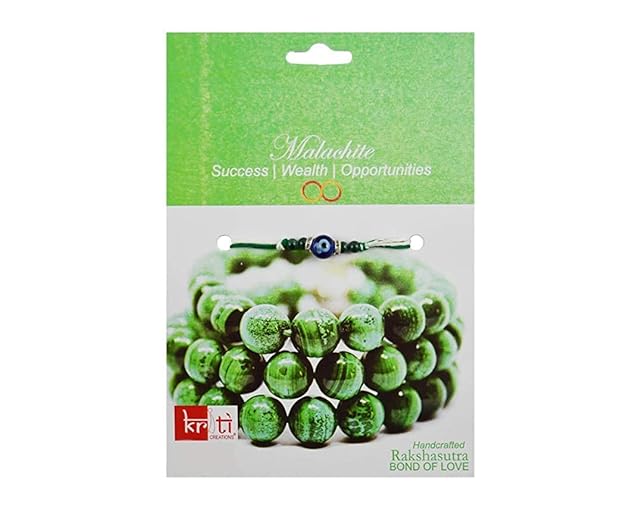 KRITI CREATIONS Unisex Rhinestone Turkish Evil Eye Malachite Multicolour Rakhi for Success, Wealth, Opportunities (2 Dhaga and One Roli Chawal)