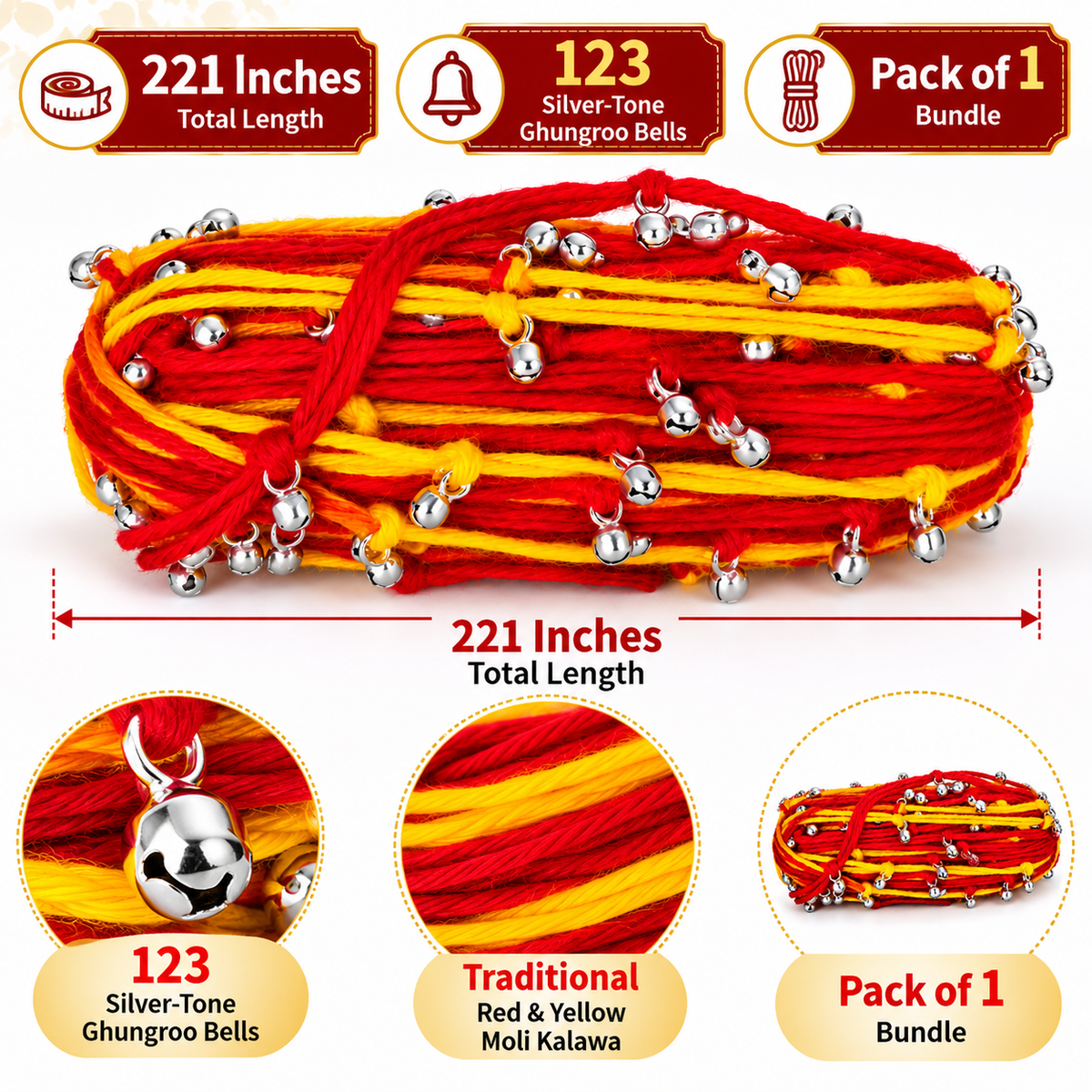 Kriti Creations Red Yellow Moli Kalawa with 123 Silver Ghungroo, 221 Inches Long Traditional Pooja Thread, Sacred Raksha Sutra for Hindu Rituals and Religious Decoration, Pack of 1