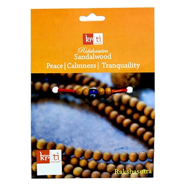 KRITI Turkish Evil Eye With Sandalwood Rakhi For Peace, Calmness, Tranquality (Free Two Rakhi Dhaga and One Roli Chawal)