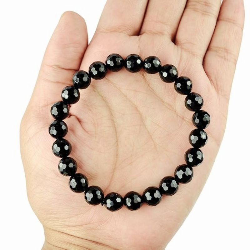 Kriti Creations Diamond Cut Black Tourmaline Bracelet, Natural Crystal Bracelet for Men & Woman, Black Beads Protects Against Negative Energy, Health & Mental Wellbeing Beads Size 6mm (8 inches)