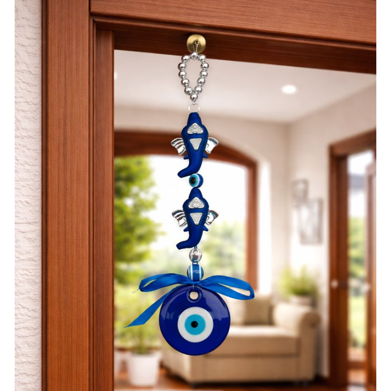 Kriti Creations Lord Ganesha Evil Eye Door Hanging | with Beads & Ribbon | Nazar Suraksha Wall/Door/Car Hanging | Home Decor & Protection Charm