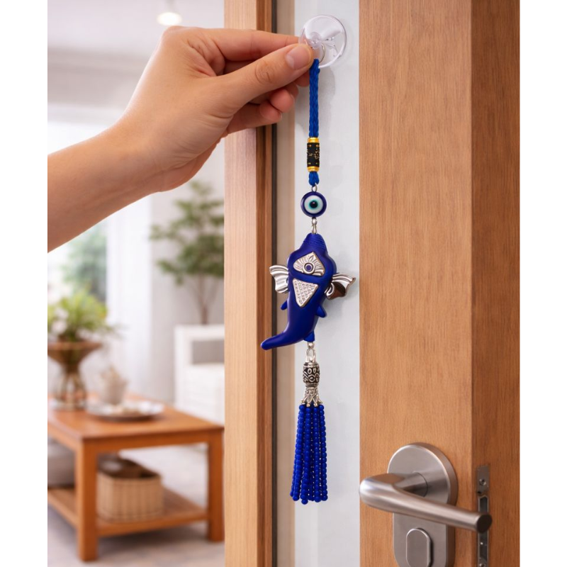 Kriti Creations Blue Evil Eye Lord Ganesha Hanging with Suction Cup & Tassel | Nazar Suraksha Window/Car/Wall Decor | Lucky Ganpati Protection Charm for Home & Office