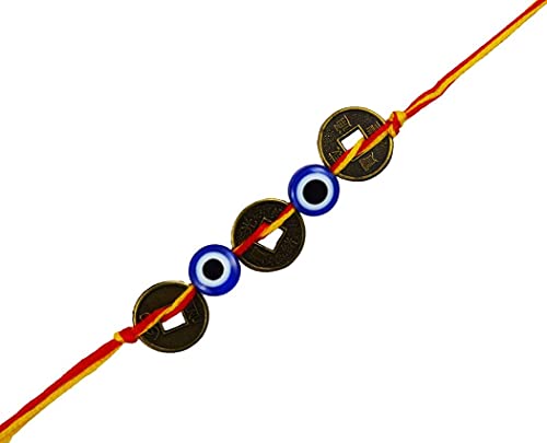 Turkish Evil Eye Wealth Coin Rakhi for Wealth, Abundance, Good Fortune (Free Two Rakhi Dhaga and One Roli Chawal)