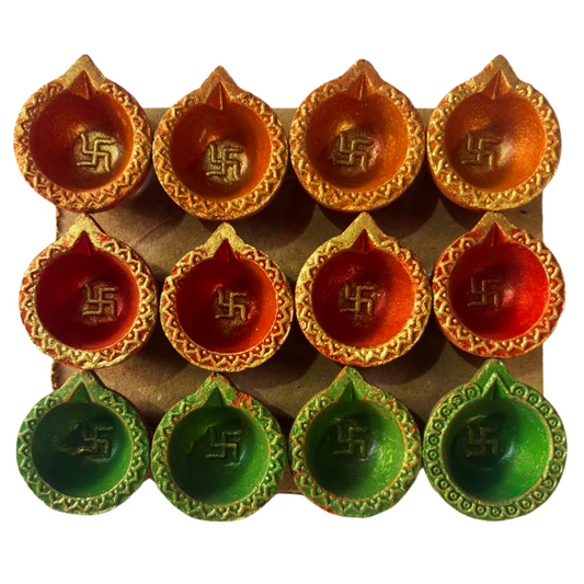 Kriti Creations Pack of 12 Diwali Diyas | Traditional Handmade Terracotta Clay Painted Diya | Mitti Deepak Decorate for Diwali | Diya for Puja | Diwali Home Decoration Diya