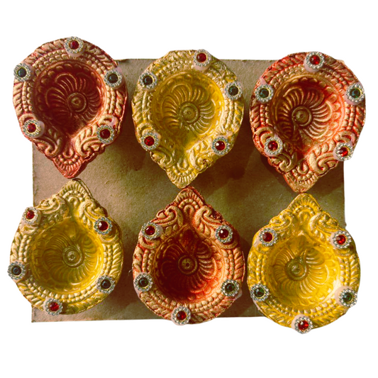 Kriti Creations New Traditional Decoration Clay Diya 6 Pcs Set for Diwali | Multicolour | Navratri Puja|Festival Decoration