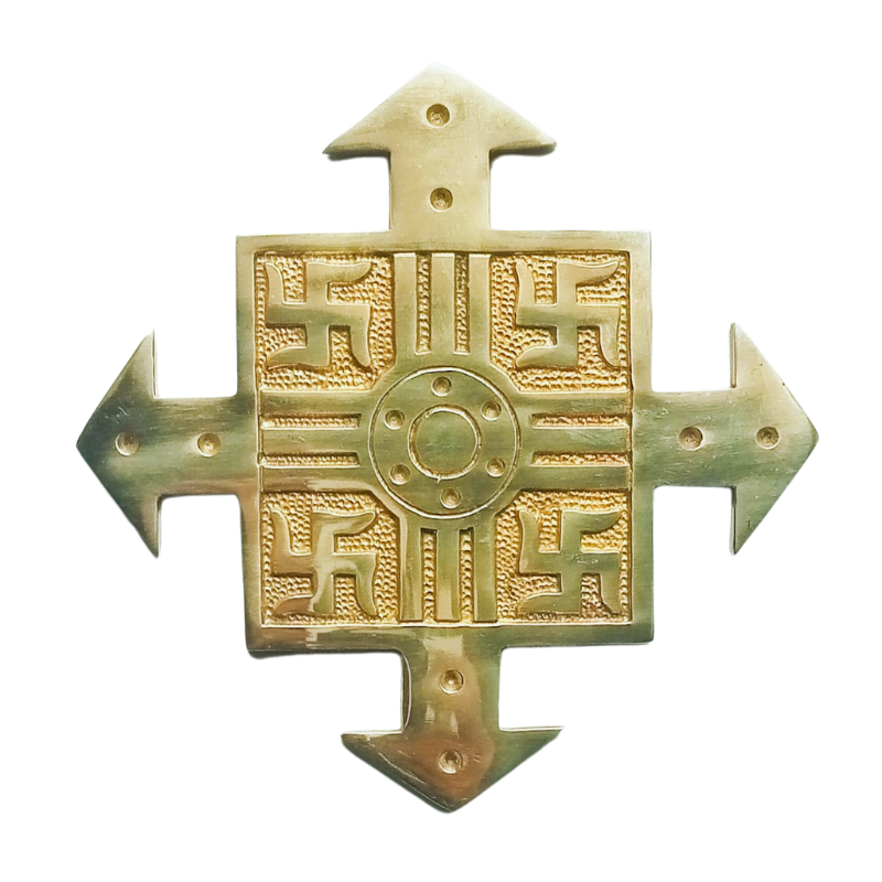 Kriti Creations Vastu Remedies Brass Four Direction Arrow with Swastik Plate Vastu Correction & Positive Energy (15x15x0.5cm)