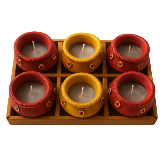Kriti Creations Designer Mitti Matki Diya with Wax Filled , (Multicolour) Set of 6