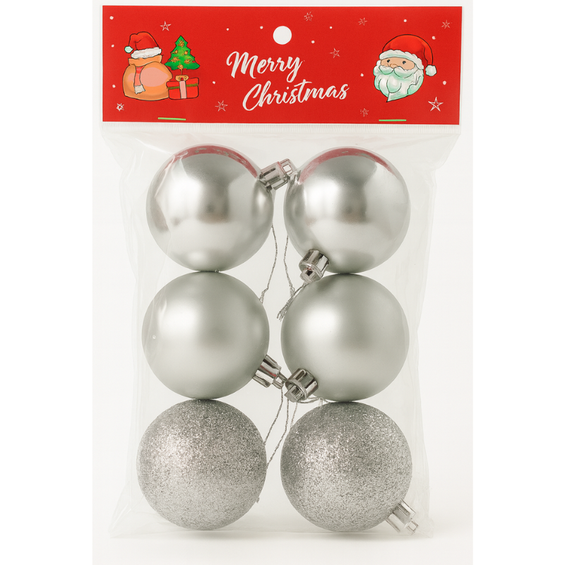 Kriti Creations Christmas Decoration Silver Ornaments Balls Set of 6 | 6cm Shatterproof Balls for Tree Décor, Parties & Festive Home Styling