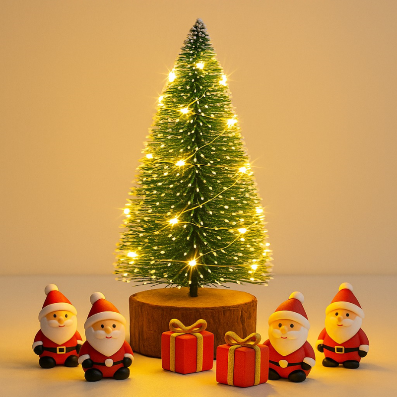 Kriti Creations Beautiful Mini Artificial Christmas Tree 15cm | Wooden Base with 4 Colourful Santa & 4 Drum Ornaments for Table Décor