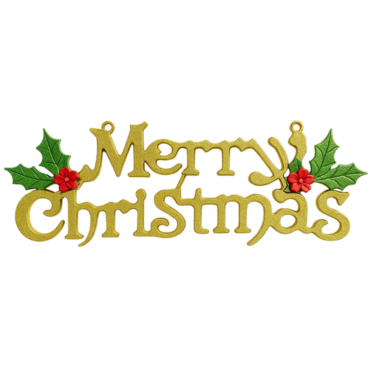 Kriti Creations Merry Christmas Decorative Wall Hanging | Golden Glitter Finish with Holly Leaves | 25cm Festive Home & Party Décor