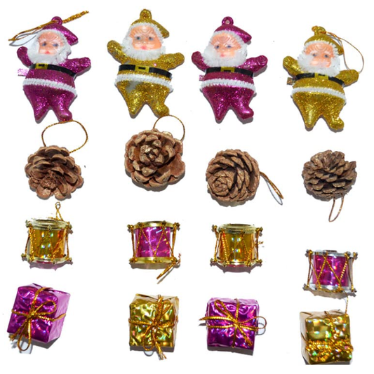 Kriti Creations Christmas Tree Decorations|4 Santa|4 Parcel|4 Pine Cone|4 Drum (16 Pcs Oranaments)