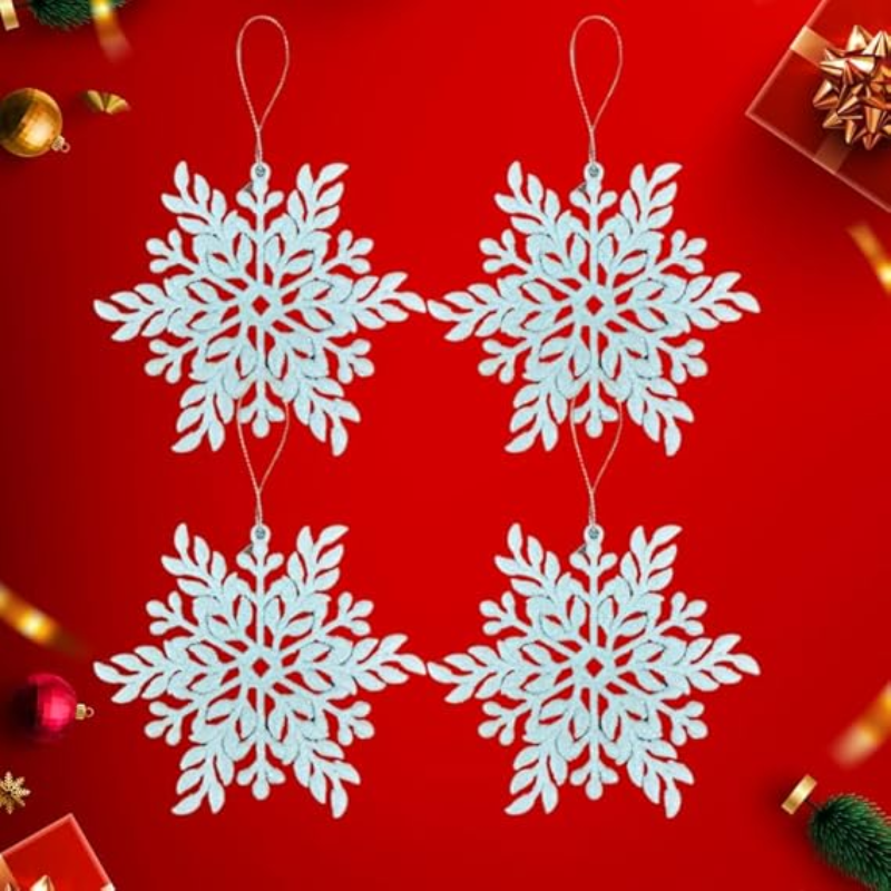Kriti Creations 4Pcs Glitter Snowflake Hanging Christmas Tree Decorations with Gold Rope for Christmas Decorations Tree Window Door Decoration (White)