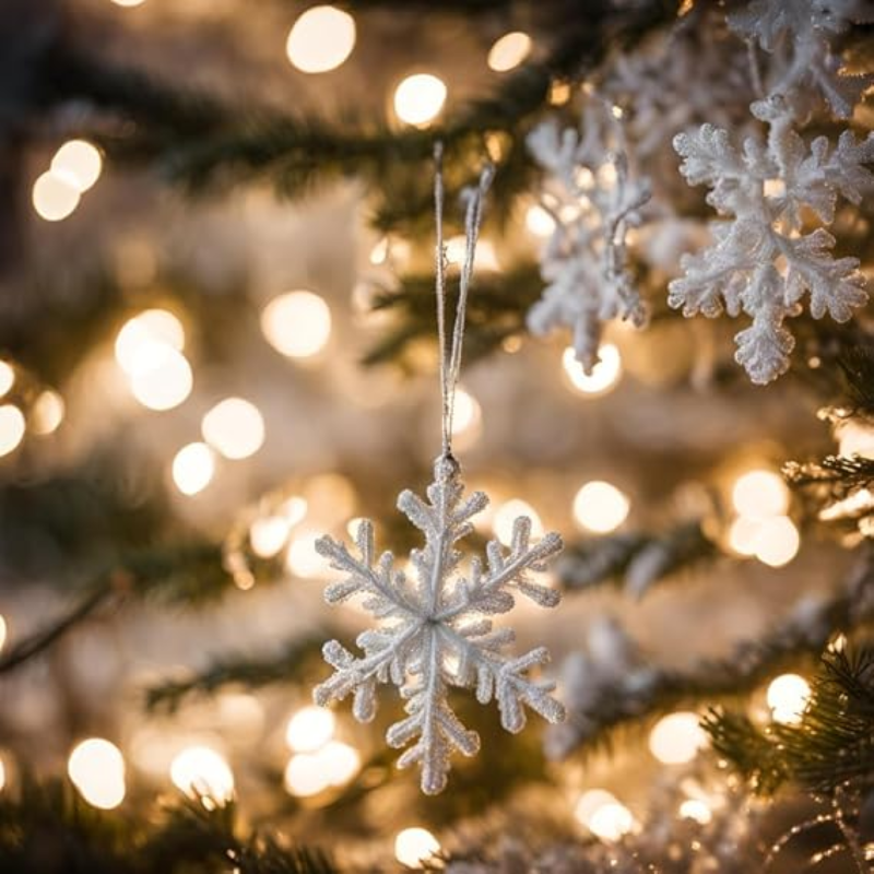 Kriti Creations 4Pcs Glitter Snowflake Hanging Christmas Tree Decorations with Gold Rope for Christmas Decorations Tree Window Door Decoration (White)