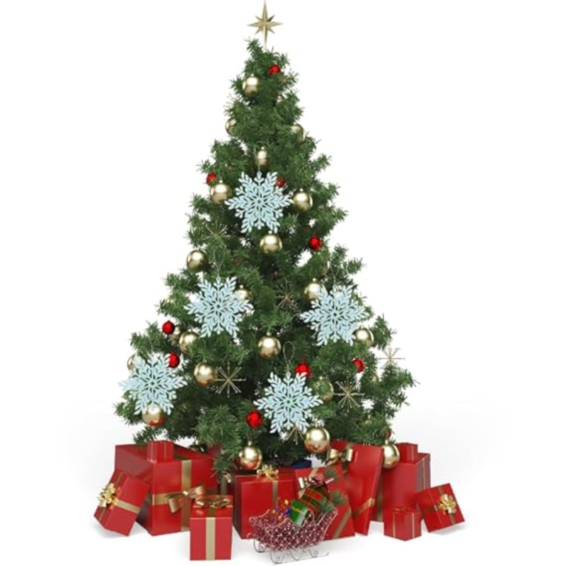 Kriti Creations 4Pcs Glitter Snowflake Hanging Christmas Tree Decorations with Gold Rope for Christmas Decorations Tree Window Door Decoration (White)