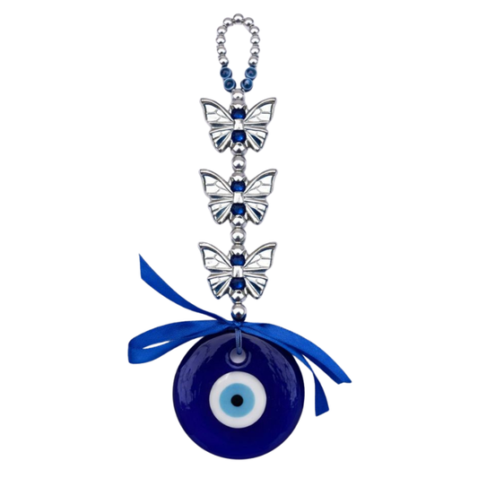 Kriti Creations Blue Evil Eye Hanging with Butterfly Design & Ribbon | Nazar Suraksha Wall/Door/Car Hanging | Decorative Protection Charm for Home & Office