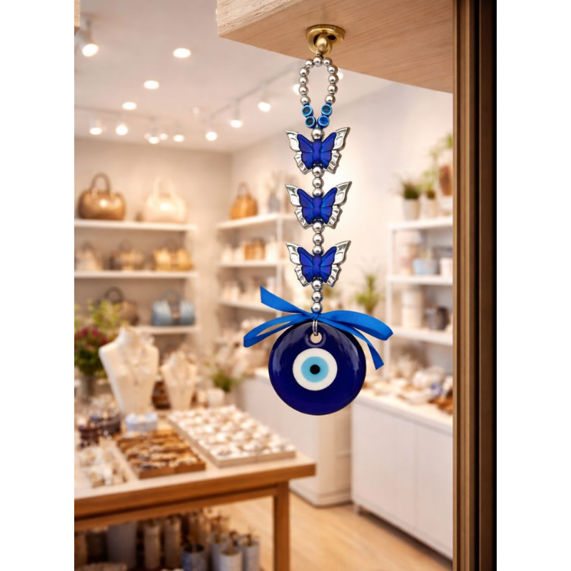Kriti Creations Blue Evil Eye Hanging with Butterfly Design & Ribbon | Nazar Suraksha Wall/Door/Car Hanging | Decorative Protection Charm for Home & Office
