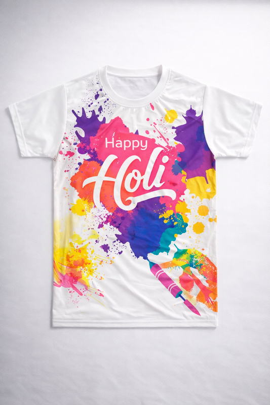 Happy Holi Printed T-Shirt for Men & Boys (M-Size) | Color Splash Festival Graphic Tee | Soft Polyester Round Neck Casual Wear