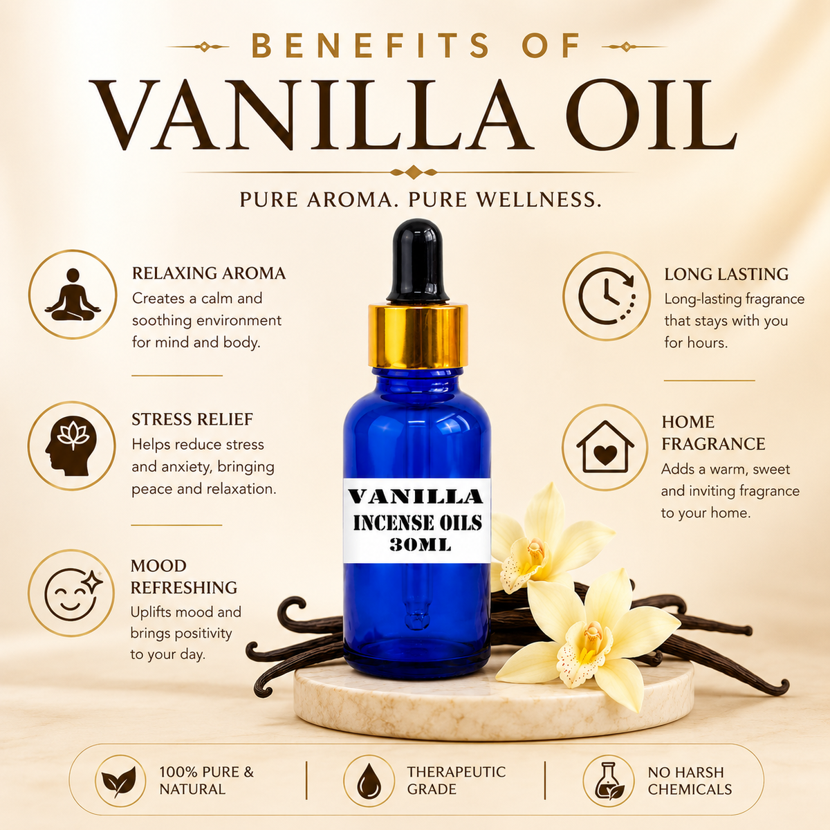 Kriti Creations Vanilla Bean Aroma Oil 30ML | Sweet Warm Fragrance for Home
