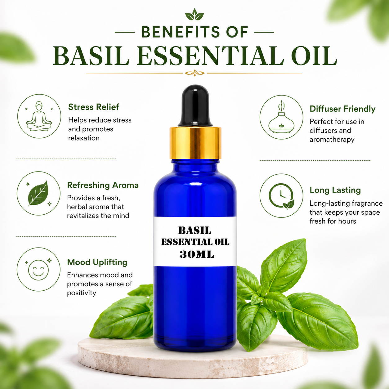 Kriti Basil Essential Oil 30ML, Pure Basil Aroma Oil for Diffuser, Aromatherapy, Home Fragrance & Relaxation