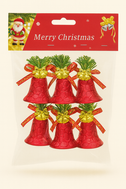 Kriti Creations Decorative Red Bells for Christmas Tree, Home & Party | Ready to Hang | Pack of 6