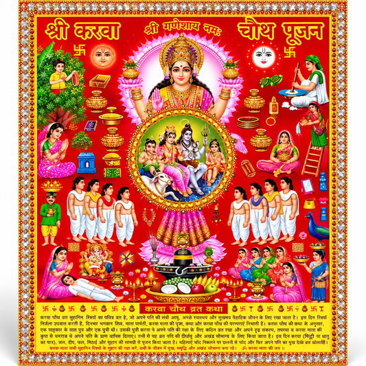 Kriti Creations Karwa Chauth Vrat Katha & Pujan Poster | Karwa Mata Puja Chitra | Hindu Religious Wall Poster for Home Temple