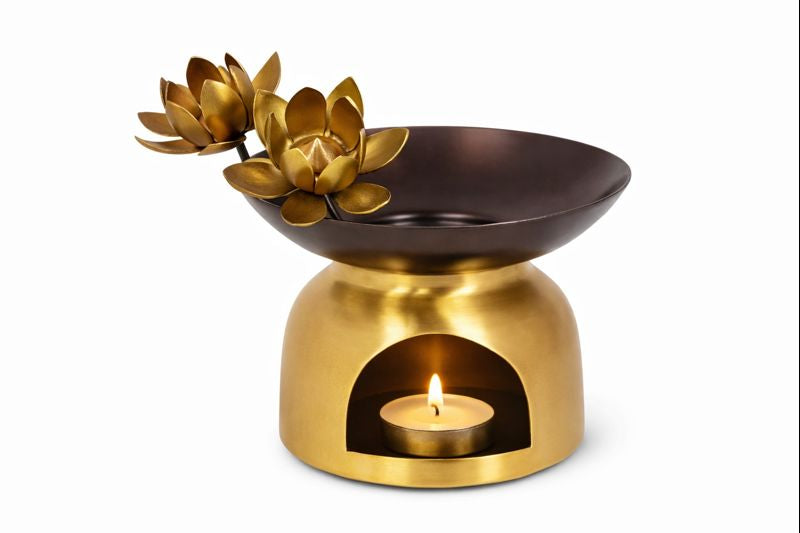 Kriti Creations Aroma Oil Lotus Brass Burner | Elegant Lotus Design Oil & Camphor Burner for Pooja, Meditation, Home & Spiritual Décor