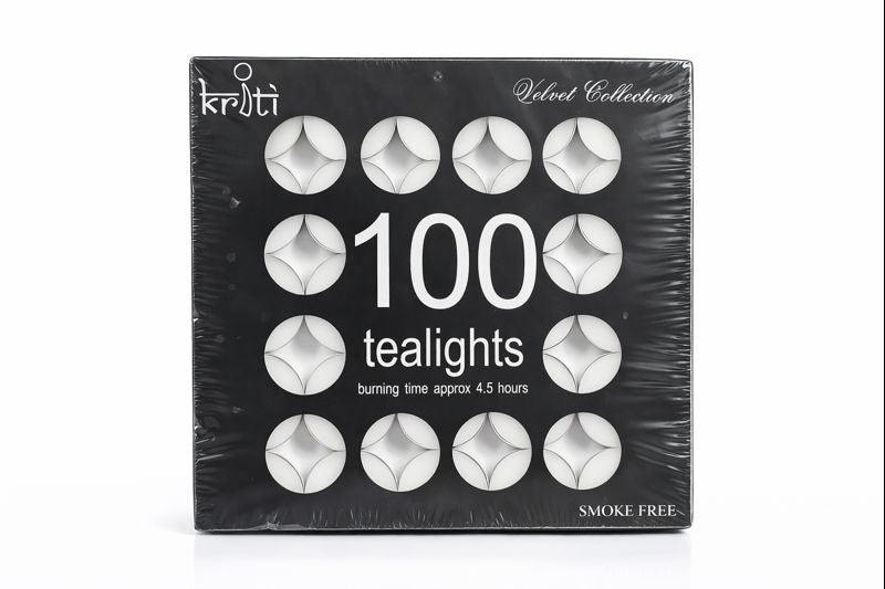 Kriti Set of 100 Tealights Candles | 4.5 Hour Long Burning | Ideal for Diwali, Pooja, Décor, Parties & Home Ambience