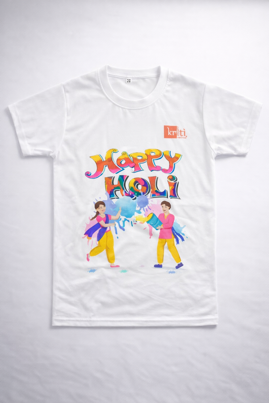 Happy Holi Printed T-Shirt for Men & Boys (Small Size) | Color Splash Festival Graphic Tee | Soft Polyester Round Neck Casual Wear