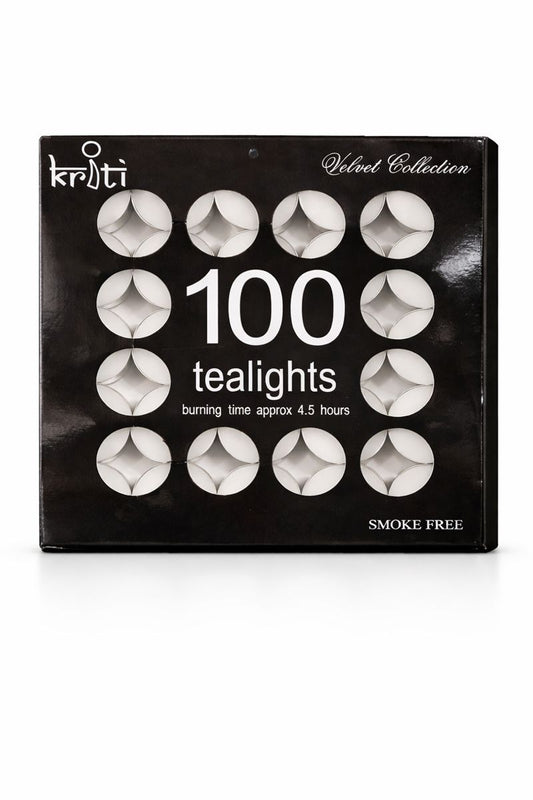 Kriti Set of 100 Tealights Candles | 4.5 Hour Long Burning | Ideal for Diwali, Pooja, Décor, Parties & Home Ambience