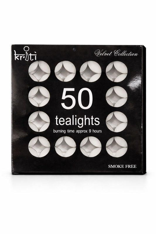 Kriti Set of 50 Tealights Candles | 9 Hours Long Burning | Ideal for Diwali, Pooja, Home Décor, Parties & Ambient Lighting