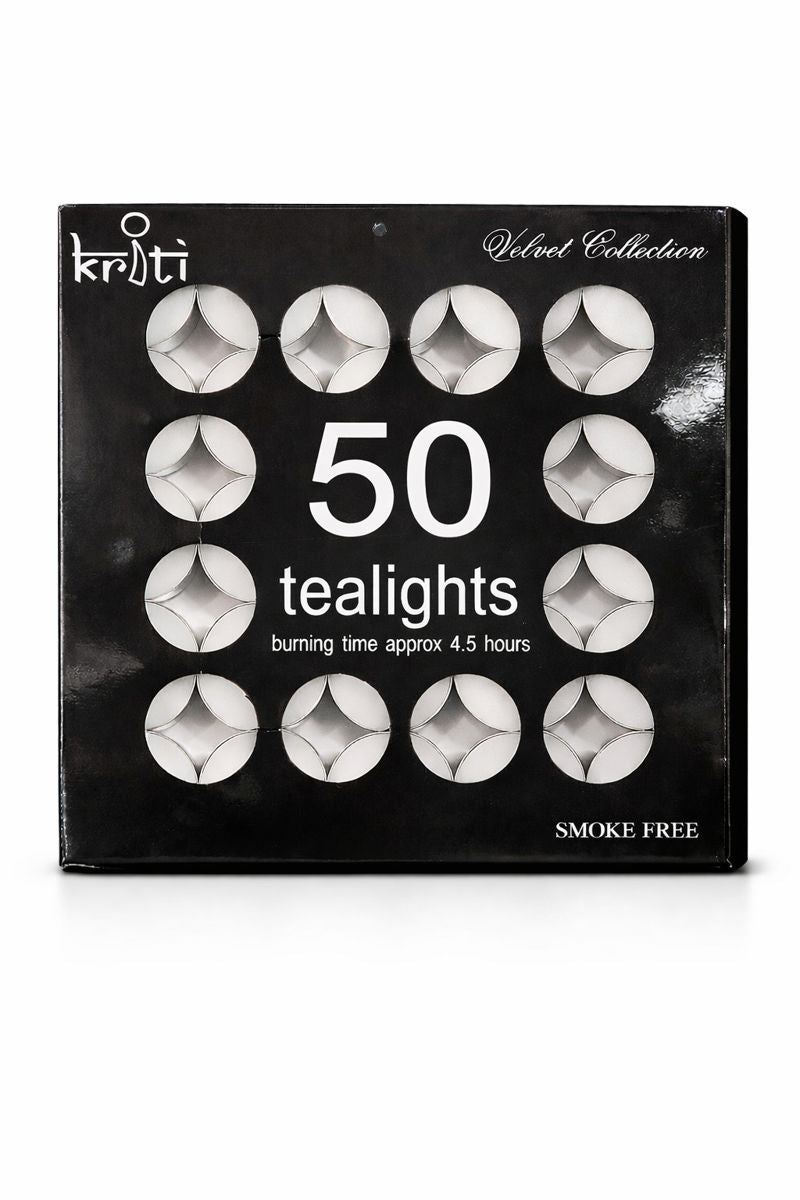 Kriti Set of 50 Tealight Candles | 4.5 Hour Long Burning Tea Lights for Diwali, Pooja, Home Décor, Parties & Festive Ambience