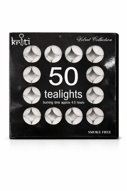Kriti Set of 50 Tealight Candles | 4.5 Hour Long Burning Tea Lights for Diwali, Pooja, Home Décor, Parties & Festive Ambience