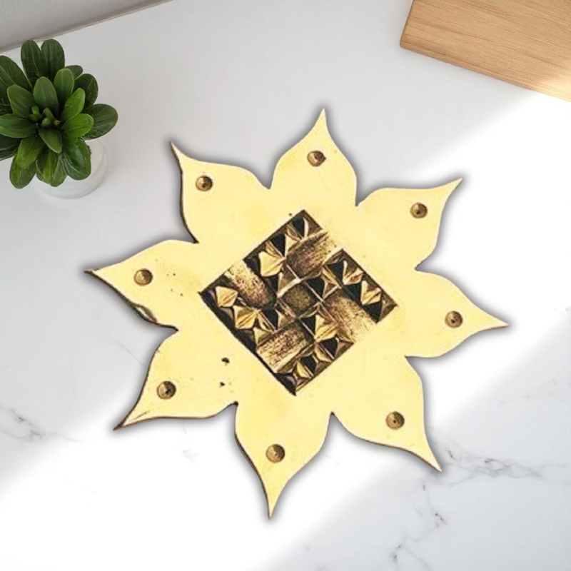 Kriti Creations Golden Swastik Brass Lotus Flower Plate with Pyramid for Vaastu Correction, For Vastu (14x14x0.05cm)