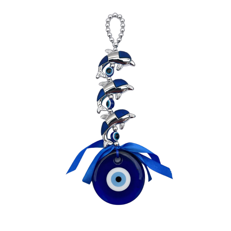Kriti Creations Blue Evil Eye Dolphin Hanging with Ribbon | Nazar Suraksha Wall/Door/Car Charm | Decorative Protection Hanging for Home & Office
