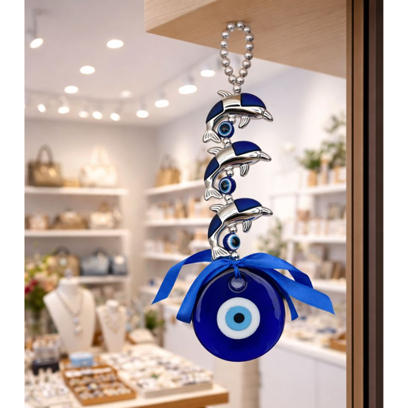 Kriti Creations Blue Evil Eye Dolphin Hanging with Ribbon | Nazar Suraksha Wall/Door/Car Charm | Decorative Protection Hanging for Home & Office