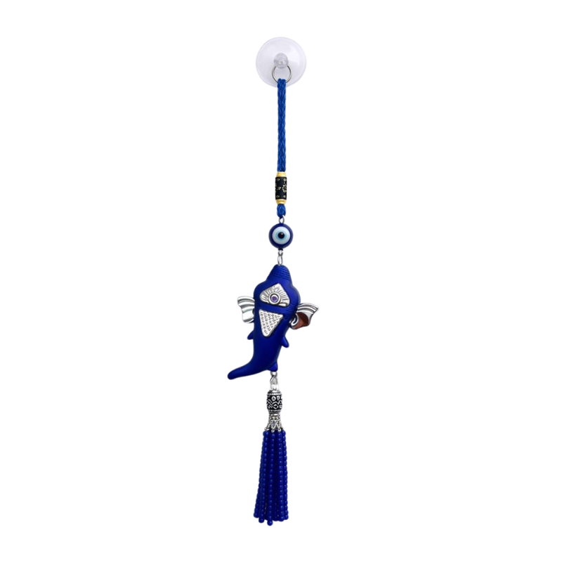 Kriti Creations Blue Evil Eye Lord Ganesha Hanging with Suction Cup & Tassel | Nazar Suraksha Window/Car/Wall Decor | Lucky Ganpati Protection Charm for Home & Office