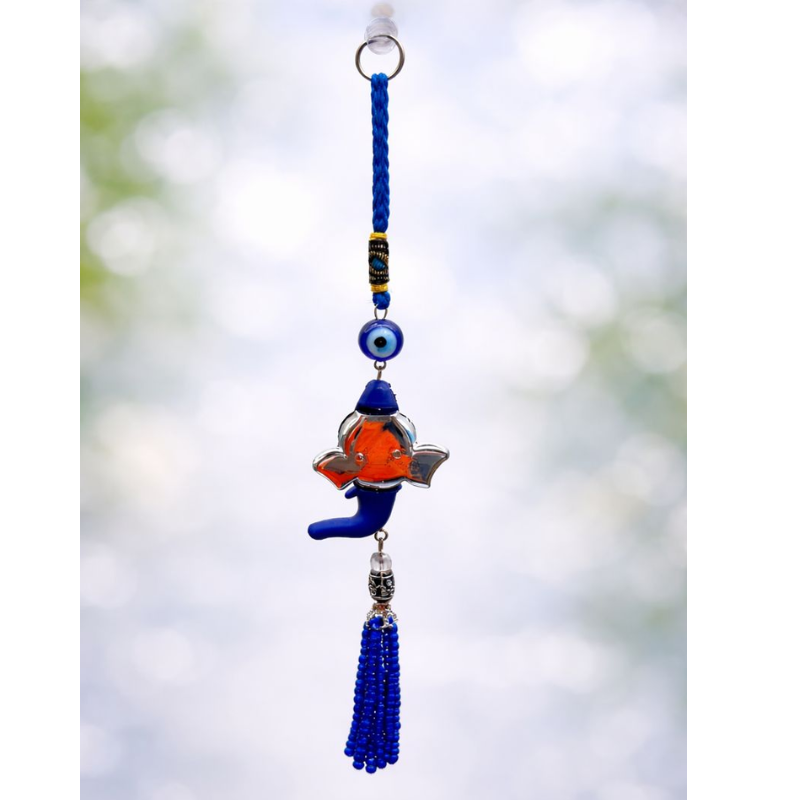 Kriti Creations Blue Evil Eye Lord Ganesha Hanging with Suction Cup & Tassel | Nazar Suraksha Window/Car/Wall Decor | Lucky Ganpati Protection Charm for Home & Office
