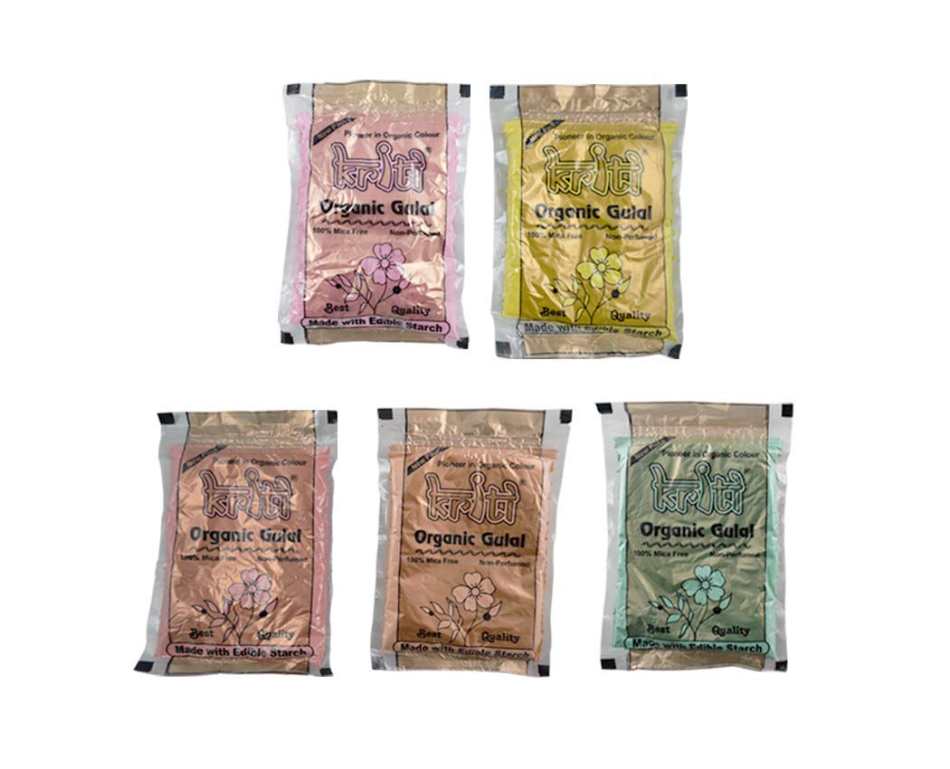 KRITI Organic Gulal Pack of 5 with 4 Min Water Colours | Malti-Colour | Eco Friendly | 100% Safe Holi Color Powder