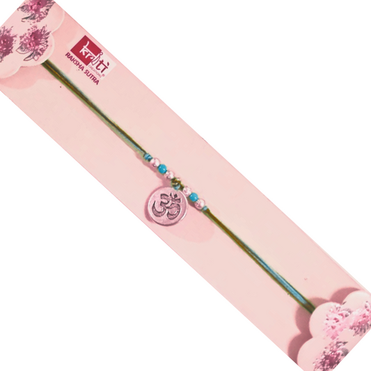 Kriti creations beautiful rakhi with round om made for happyness (2 Rakhis Dhaga and 1 Roli Chawal)
