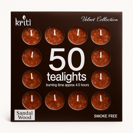 Kriti Set of 50 Perfume Tea-Lights Candles in A Pack | No Residue Long Lasting (Sandalwood Candles) (Burning 4.5 Hour)